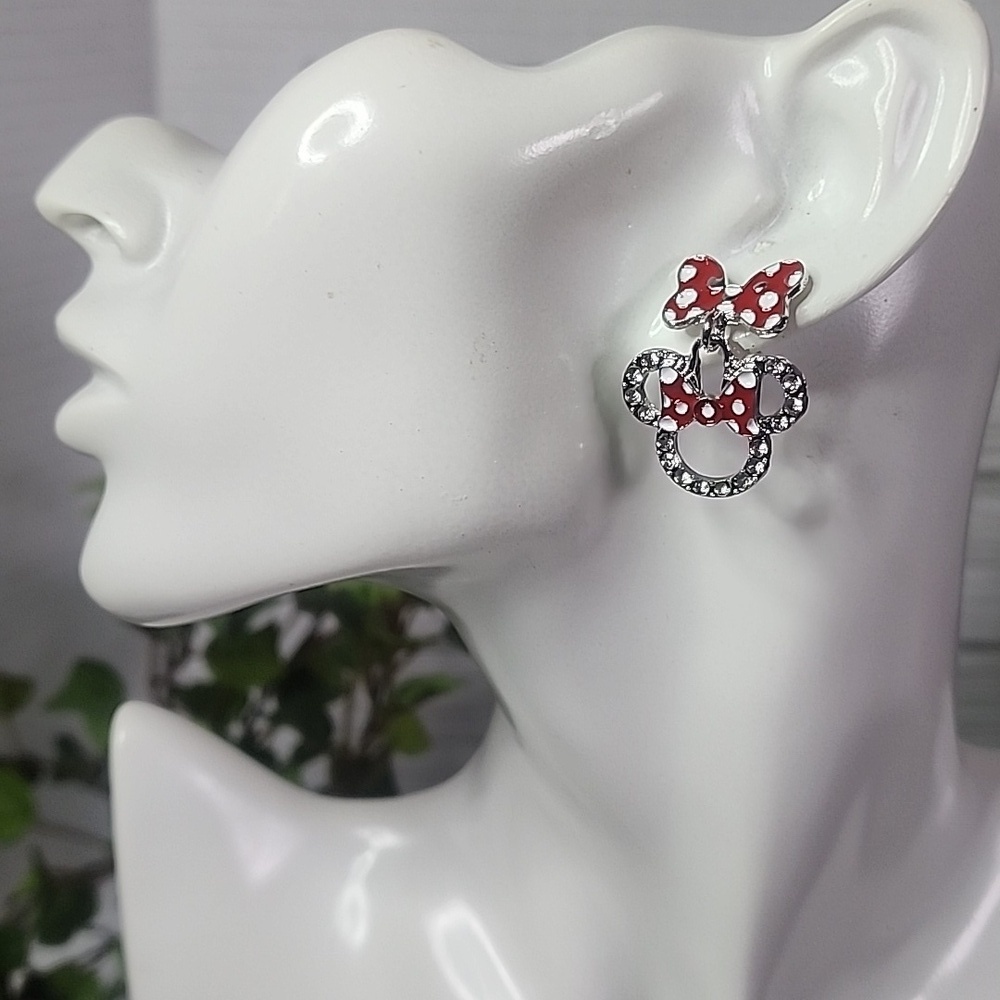 Silver and Red Bow Mouse Earrings - Picture 3 of 7